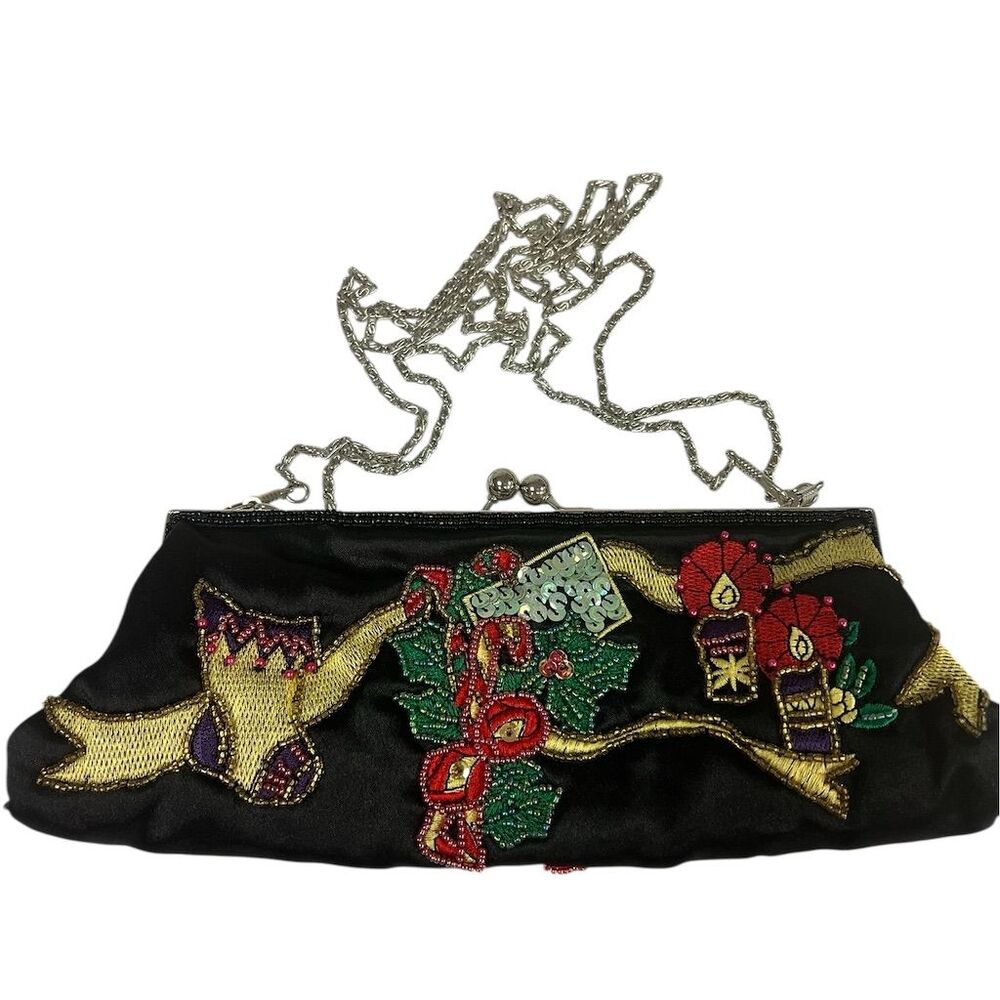 Beaded Christmas Clutch Multicolor Party Bag w/ Chain Strap